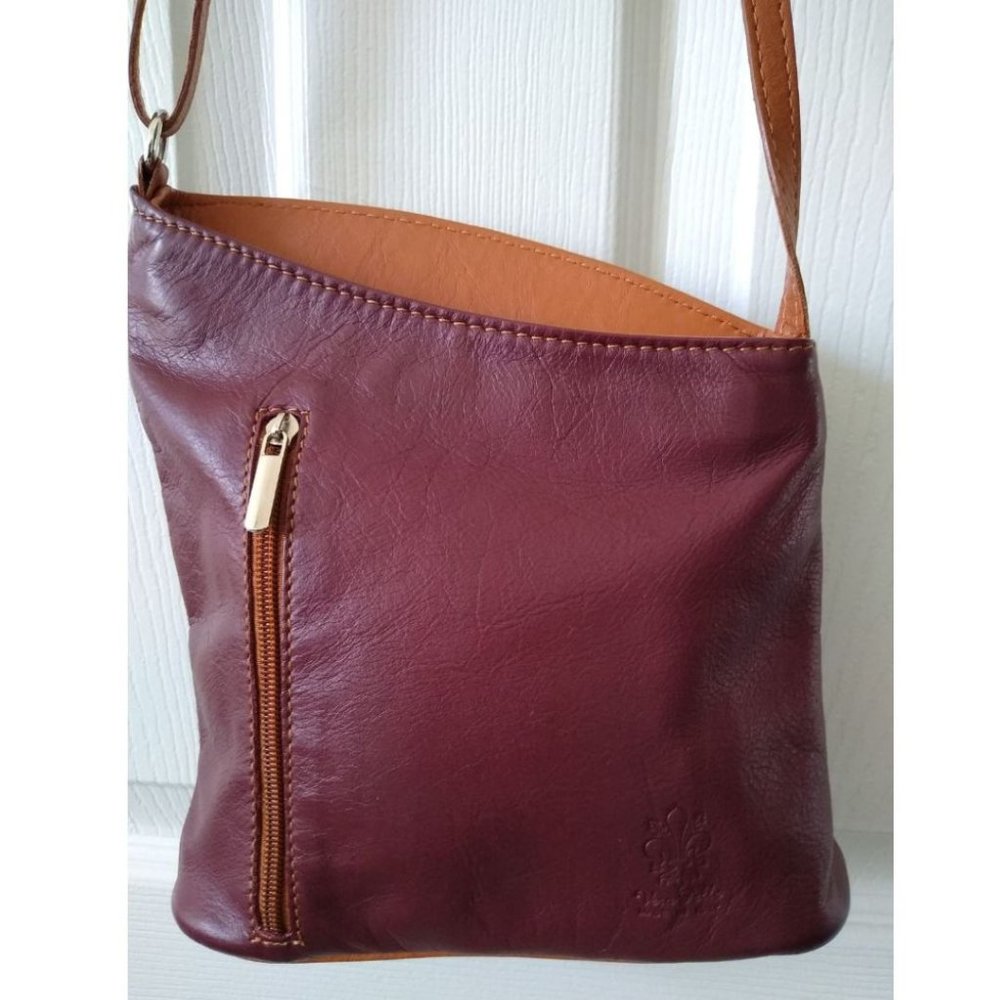 Vera Pelle Leather Crossbody Purse Bag, Red Brown, Made in Italy